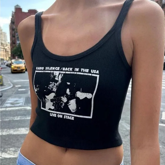 Haut Brandy Melville John Galt - Manches Longues Rayées - Crop Top Bleu Marine - Logo USA - Taille Unique - Occasion Bon état